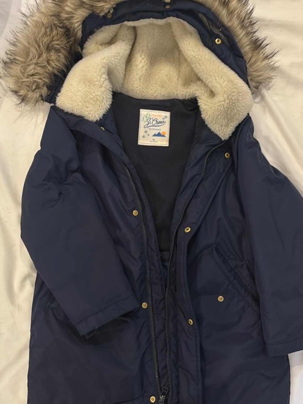 Kids JCrew navy fishtail  parka size 10 with detachable faux fur hood trim